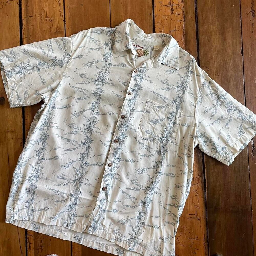 Caribbean Cream & Blue Silk Blend Hawaiian Shirt Tropical Neutral Wedding Beach